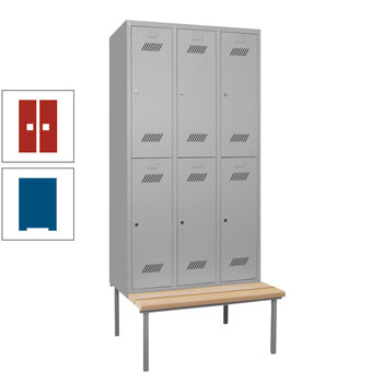 Spindschrank mit Sitzbank - Buchenleisten - 4 Fächer a 300 mm - 2.150x600x800 mm (HxBxT) - Zylinderschloss - enzianblau/feuerrot RAL 3000 Feuerrot | RAL 5010 Enzianblau