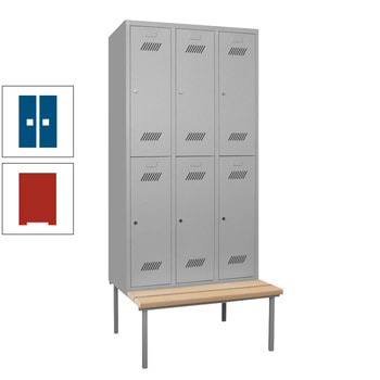 Spindschrank mit Sitzbank - Buchenleisten - 4 Fächer a 400 mm - 2.150x800x800 mm (HxBxT) - Zylinderschloss - feuerrot/enzianblau RAL 5010 Enzianblau | RAL 3000 Feuerrot