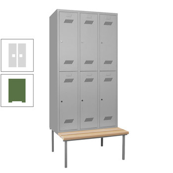 Spindschrank mit Sitzbank - Buchenleisten - 6 Fächer a 300 mm - 2.150x900x800 mm (HxBxT) - Drehriegel - resedagrün/lichtgrau RAL 7035 Lichtgrau | RAL 6011 Resedagrün