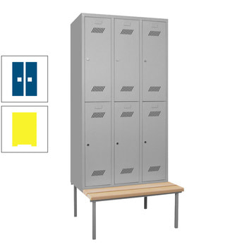 Spindschrank mit Sitzbank - Buchenleisten - 6 Fächer a 400 mm - 2.150x1.200x800 mm (HxBxT) - Zylinderschloss - zinkgelb/enzianblau RAL 5010 Enzianblau | RAL 1018 Zinkgelb