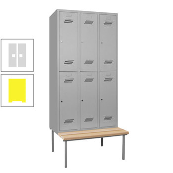 Spindschrank mit Sitzbank - Buchenleisten - 6 Fächer a 400 mm - 2.150x1.200x800 mm (HxBxT) - Zylinderschloss - zinkgelb/lichtgrau RAL 7035 Lichtgrau | RAL 1018 Zinkgelb