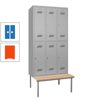 Spindschrank mit Sitzbank - Buchenleisten - 6 Fächer a 400 mm - 2.150x1.200x800 mm (HxBxT) - Zylinderschloss - reinorange/himmelblau RAL 5015 Himmelblau | RAL 2004 Reinorange