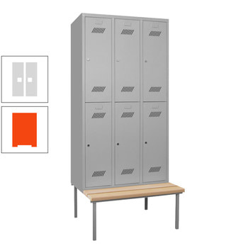 Spindschrank mit Sitzbank - Buchenleisten - 6 Fächer a 400 mm - 2.150x1.200x800 mm (HxBxT) - Zylinderschloss - reinorange/lichtgrau RAL 7035 Lichtgrau | RAL 2004 Reinorange