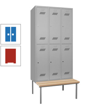 Spindschrank mit Sitzbank - Buchenleisten - 6 Fächer a 400 mm - 2.150x1.200x800 mm (HxBxT) - Zylinderschloss - feuerrot/himmelblau RAL 5015 Himmelblau | RAL 3000 Feuerrot