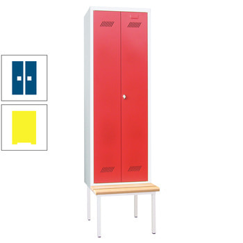 Spindschrank mit Sitzbank - Buchenleisten - 2 Abteile a 300 mm - 2.150x600x800 mm (HxBxT) - Zylinderschloss - zinkgelb/enzianblau RAL 5010 Enzianblau | RAL 1018 Zinkgelb