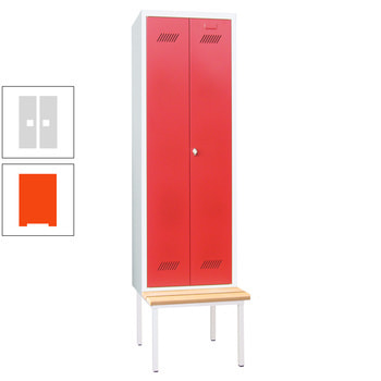 Spindschrank mit Sitzbank - Buchenleisten - 2 Abteile a 300 mm - 2.150x600x800 mm (HxBxT) - Zylinderschloss - reinorange/lichtgrau RAL 7035 Lichtgrau | RAL 2004 Reinorange