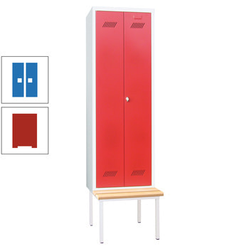 Spindschrank mit Sitzbank - Buchenleisten - 2 Abteile a 300 mm - 2.150x600x800 mm (HxBxT) - Zylinderschloss - feuerrot/himmelblau RAL 5015 Himmelblau | RAL 3000 Feuerrot