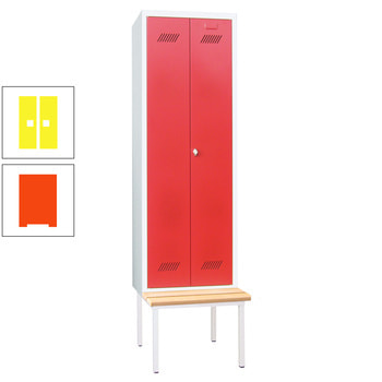 Spindschrank mit Sitzbank - Buchenleisten - 2 Abteile a 300 mm - 2.150x600x800 mm (HxBxT) - Drehriegel - reinorange/zinkgelb RAL 1018 Zinkgelb | RAL 2004 Reinorange