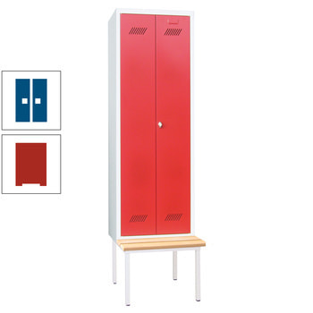 Spindschrank mit Sitzbank - Buchenleisten - 2 Abteile a 300 mm - 2.150x600x800 mm (HxBxT) - Drehriegel - feuerrot/enzianblau RAL 5010 Enzianblau | RAL 3000 Feuerrot