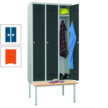 Spindschrank mit Sitzbank - Buchenleisten - 3 Abteile a 300 mm - 2.150x900x800 mm (HxBxT) - Zylinderschloss - reinorange/enzianblau RAL 5010 Enzianblau | RAL 2004 Reinorange