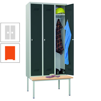 Spindschrank mit Sitzbank - Buchenleisten - 3 Abteile a 300 mm - 2.150x900x800 mm (HxBxT) - Drehriegel - reinorange/lichtgrau RAL 7035 Lichtgrau | RAL 2004 Reinorange