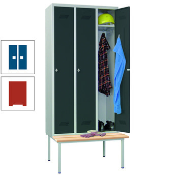 Spindschrank mit Sitzbank - Buchenleisten - 3 Abteile a 400 mm - 2.150x1.200x800 mm (HxBxT) - Drehriegel - feuerrot/enzianblau RAL 5010 Enzianblau | RAL 3000 Feuerrot