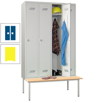 Spindschrank mit Sitzbank - Buchenleisten - 4 Abteile a 300 mm - 2.150 x 1.200 x 800 mm (HxBxT) - Zylinderschloss - zinkgelb/enzianblau RAL 5010 Enzianblau | RAL 1018 Zinkgelb