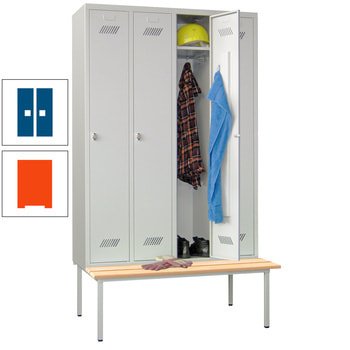 Spindschrank mit Sitzbank - Buchenleisten - 4 Abteile a 300 mm - 2.150 x 1.200 x 800 mm (HxBxT) - Zylinderschloss - reinorange/enzianblau RAL 5010 Enzianblau | RAL 2004 Reinorange