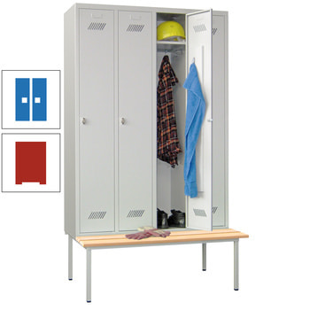 Spindschrank mit Sitzbank - Buchenleisten - 4 Abteile a 300 mm - 2.150x1.200x800 mm (HxBxT) - Drehriegel - feuerrot/himmelblau RAL 5015 Himmelblau | RAL 3000 Feuerrot