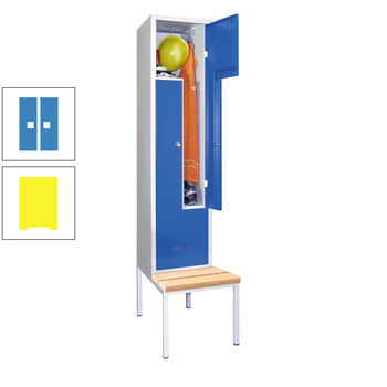 Z-Kleiderschrank m. Sitzbankuntergestell - Buchenleisten - 2.150x400x800 mm (HxBxT) - 2 Fächer - Zylinderschloss - zinkgelb/lichtblau RAL 5012 Lichtblau | RAL 1018 Zinkgelb