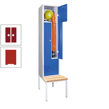 Z-Kleiderschrank m. Sitzbankuntergestell - Buchenleisten - 2.150x400x800 mm (HxBxT) - 2 Fächer - Zylinderschloss - feuerrot/rubinrot RAL 3003 Rubinrot | RAL 3000 Feuerrot