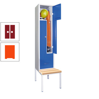 Z-Kleiderschrank m. Sitzbankuntergestell - Buchenleisten - 2.150x400x800 mm (HxBxT) - 2 Fächer - Drehriegel - reinorange/rubinrot RAL 3003 Rubinrot | RAL 2004 Reinorange