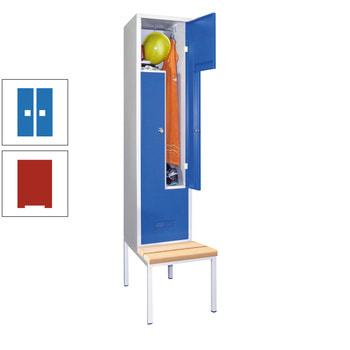 Z-Kleiderschrank m. Sitzbankuntergestell - Buchenleisten - 2.150x400x800 mm (HxBxT) - 2 Fächer - Drehriegel - feuerrot/himmelblau RAL 5015 Himmelblau | RAL 3000 Feuerrot