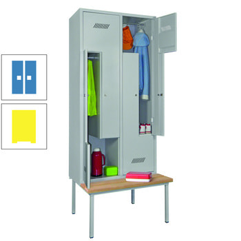 Z-Kleiderschrank m. Sitzbankuntergestell - Buchenleisten - 2.150x800x800 mm (HxBxT) - 4 Fächer - Zylinderschloss - zinkgelb/lichtblau RAL 5012 Lichtblau | RAL 1018 Zinkgelb