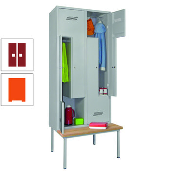 Z-Kleiderschrank m. Sitzbankuntergestell - Buchenleisten - 2.150x800x800 mm (HxBxT) - 4 Fächer - Zylinderschloss - reinorange/rubinrot RAL 3003 Rubinrot | RAL 2004 Reinorange