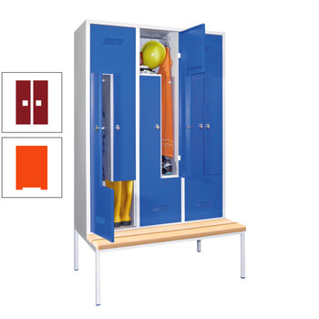 Z-Kleiderschrank m. Sitzbankuntergestell - Buchenleisten - 2.150x1.200x800 mm (HxBxT) - 6 Fächer - Zylinderschloss - reinorange/rubinrot RAL 3003 Rubinrot | RAL 2004 Reinorange