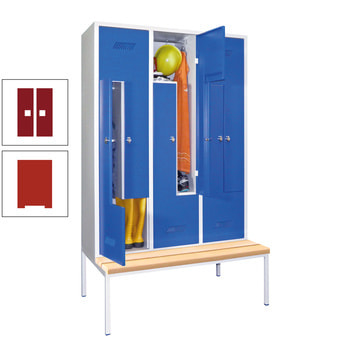 Z-Kleiderschrank m. Sitzbankuntergestell - Buchenleisten - 2.150x1.200x800 mm (HxBxT) - 6 Fächer - Zylinderschloss - feuerrot/rubinrot RAL 3003 Rubinrot | RAL 3000 Feuerrot