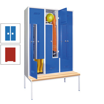 Z-Kleiderschrank m. Sitzbankuntergestell - Buchenleisten - 2.150x1.200x800 mm (HxBxT) - 6 Fächer - Zylinderschloss - feuerrot/himmelblau RAL 5015 Himmelblau | RAL 3000 Feuerrot