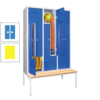 Z-Kleiderschrank m. Sitzbankuntergestell - Buchenleisten - 2.150x1.200x800 mm (HxBxT) - 6 Fächer - Drehriegel - zinkgelb/lichtblau RAL 5012 Lichtblau | RAL 1018 Zinkgelb