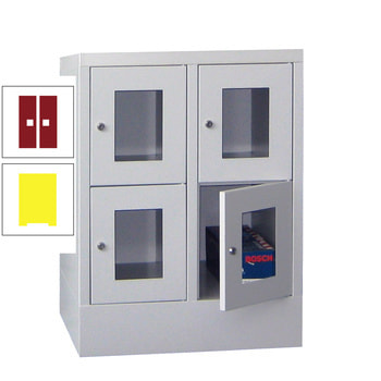 Schließfachschrank - Sichtfenstertüren - 4 Fächer a 300 mm - 855x600x500 mm (HxBxT) - Sockel - Zylinderschloss - zinkgelb/rubinrot RAL 3003 Rubinrot | RAL 1018 Zinkgelb