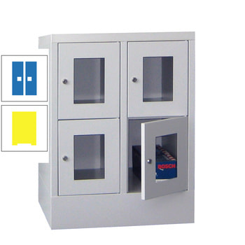 Schließfachschrank - Sichtfenstertüren - 4 Fächer a 300 mm - 855x600x500 mm (HxBxT) - Sockel - Zylinderschloss - zinkgelb/himmelblau RAL 5015 Himmelblau | RAL 1018 Zinkgelb