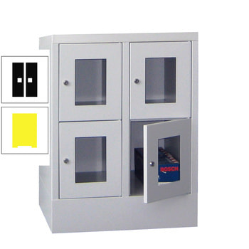 Schließfachschrank - Sichtfenstertüren - 4 Fächer a 300 mm - 855x600x500 mm (HxBxT) - Sockel - Zylinderschloss - zinkgelb/tiefschwarz RAL 9005 Tiefschwarz | RAL 1018 Zinkgelb