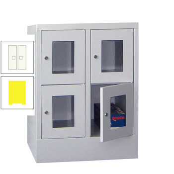 Schließfachschrank - Sichtfenstertüren - 4 Fächer a 300 mm - 855x600x500 mm (HxBxT) - Sockel - Zylinderschloss - zinkgelb/reinweiß RAL 9010 Reinweiß | RAL 1018 Zinkgelb