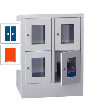 Schließfachschrank - Sichtfenstertüren - 4 Fächer a 300 mm - 855x600x500 mm (HxBxT) - Sockel - Zylinderschloss - reinorange/enzianblau RAL 5010 Enzianblau | RAL 2004 Reinorange