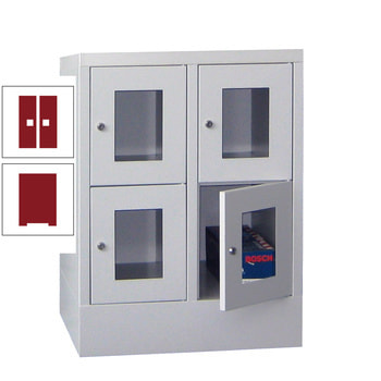 Schließfachschrank - Sichtfenstertüren - 4 Fächer a 300 mm - 855x600x500 mm (HxBxT) - Sockel - Zylinderschloss - rubinrot RAL 3003 Rubinrot | RAL 3003 Rubinrot