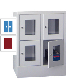 Schließfachschrank - Sichtfenstertüren - 4 Fächer a 300 mm - 855x600x500 mm (HxBxT) - Sockel - Zylinderschloss - rubinrot/lichtblau RAL 5012 Lichtblau | RAL 3003 Rubinrot