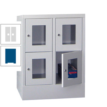 Schließfachschrank - Sichtfenstertüren - 4 Fächer a 300 mm - 855x600x500 mm (HxBxT) - Sockel - Zylinderschloss - enzianblau/lichtgrau RAL 7035 Lichtgrau | RAL 5010 Enzianblau