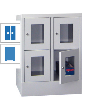 Schließfachschrank - Sichtfenstertüren - 4 Fächer a 300 mm - 855x600x500 mm (HxBxT) - Sockel - Zylinderschloss - lichtblau/himmelblau RAL 5015 Himmelblau | RAL 5012 Lichtblau