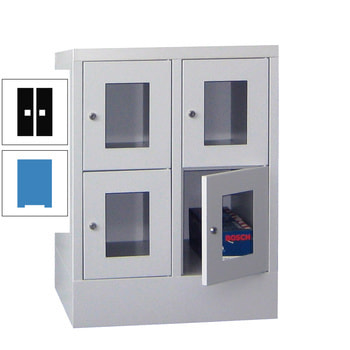 Schließfachschrank - Sichtfenstertüren - 4 Fächer a 300 mm - 855x600x500 mm (HxBxT) - Sockel - Zylinderschloss - lichtblau/tiefschwarz RAL 9005 Tiefschwarz | RAL 5012 Lichtblau