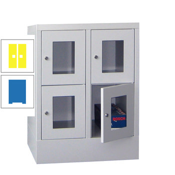 Schließfachschrank - Sichtfenstertüren - 4 Fächer a 300 mm - 855x600x500 mm (HxBxT) - Sockel - Zylinderschloss - himmelblau/zinkgelb RAL 1018 Zinkgelb | RAL 5015 Himmelblau