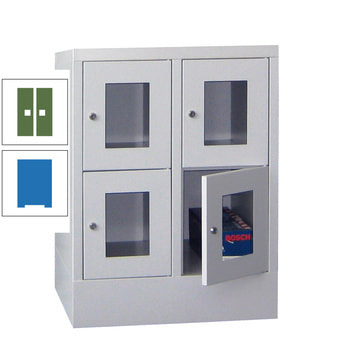 Schließfachschrank - Sichtfenstertüren - 4 Fächer a 300 mm - 855x600x500 mm (HxBxT) - Sockel - Zylinderschloss - himmelblau/resedagrün RAL 6011 Resedagrün | RAL 5015 Himmelblau