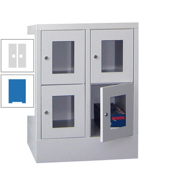 Schließfachschrank - Sichtfenstertüren - 4 Fächer a 300 mm - 855x600x500 mm (HxBxT) - Sockel - Zylinderschloss - himmelblau/lichtgrau RAL 7035 Lichtgrau | RAL 5015 Himmelblau