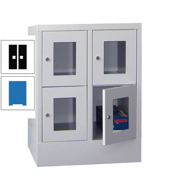 Schließfachschrank - Sichtfenstertüren - 4 Fächer a 300 mm - 855x600x500 mm (HxBxT) - Sockel - Zylinderschloss - himmelblau/tiefschwarz RAL 9005 Tiefschwarz | RAL 5015 Himmelblau