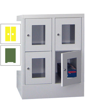 Schließfachschrank - Sichtfenstertüren - 4 Fächer a 300 mm - 855x600x500 mm (HxBxT) - Sockel - Zylinderschloss - resedagrün/zinkgelb RAL 1018 Zinkgelb | RAL 6011 Resedagrün