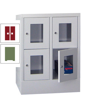 Schließfachschrank - Sichtfenstertüren - 4 Fächer a 300 mm - 855x600x500 mm (HxBxT) - Sockel - Zylinderschloss - resedagrün/rubinrot RAL 3003 Rubinrot | RAL 6011 Resedagrün
