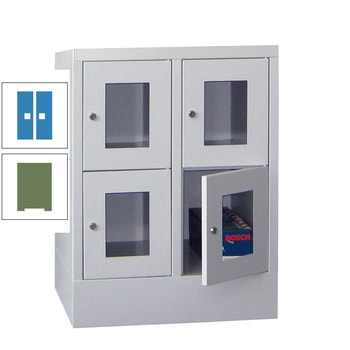 Schließfachschrank - Sichtfenstertüren - 4 Fächer a 300 mm - 855x600x500 mm (HxBxT) - Sockel - Zylinderschloss - resedagrün/lichtblau RAL 5012 Lichtblau | RAL 6011 Resedagrün