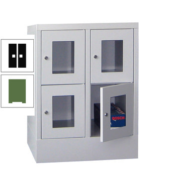 Schließfachschrank - Sichtfenstertüren - 4 Fächer a 300 mm - 855x600x500 mm (HxBxT) - Sockel - Zylinderschloss - resedagrün/tiefschwarz RAL 9005 Tiefschwarz | RAL 6011 Resedagrün