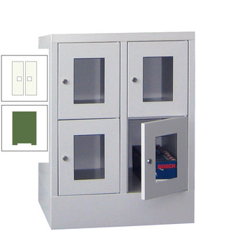 Schließfachschrank - Sichtfenstertüren - 4 Fächer a 300 mm - 855x600x500 mm (HxBxT) - Sockel - Zylinderschloss - resedagrün/reinweiß RAL 9010 Reinweiß | RAL 6011 Resedagrün