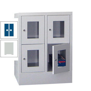 Schließfachschrank - Sichtfenstertüren - 4 Fächer a 300 mm - 855x600x500 mm (HxBxT) - Sockel - Zylinderschloss - lichtgrau/enzianblau RAL 5010 Enzianblau | RAL 7035 Lichtgrau