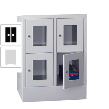 Schließfachschrank - Sichtfenstertüren - 4 Fächer a 300 mm - 855x600x500 mm (HxBxT) - Sockel - Zylinderschloss - lichtgrau/tiefschwarz RAL 9005 Tiefschwarz | RAL 7035 Lichtgrau